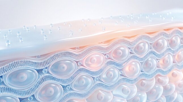 Moisturizing cream layer protecting sensitive skin cell structure, hydration barrier, smooth texture, healthy epidermis, dermatology, skincare, 3D illustration