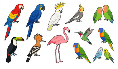 Tropical Birds Vector EPS 10 Cute Parrot Icon Collection Isolated on White © Kashe