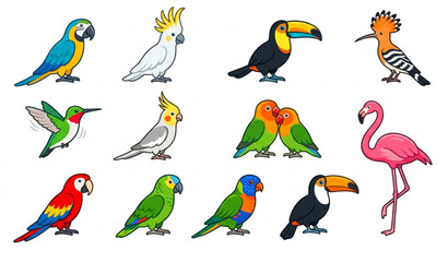 Exotic Bird Collection Vector EPS 10 Flat Tropical Parrot Icons Isolated on White © Kashe