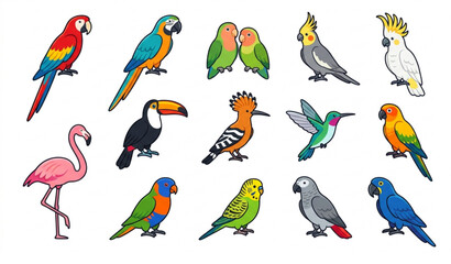 Colorful Parrot Bird Icon Set Vector EPS 10 Exotic Tropical Birds Isolated on White Background © Kashe