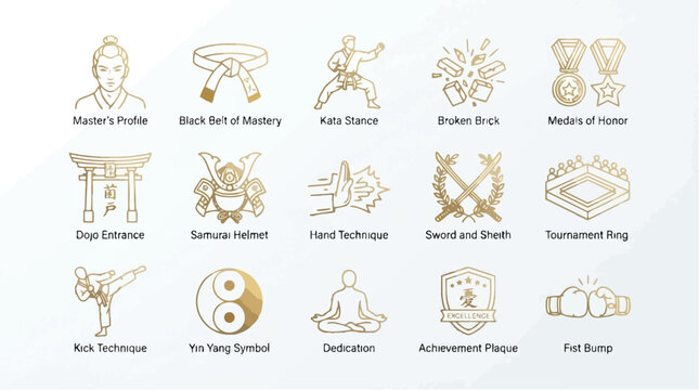 Set of 15 Martial Arts Themed Line Art Icons for Karate and Judo.