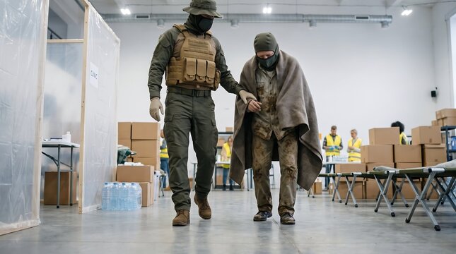 Soldier assisting a displaced person in a temporary shelter