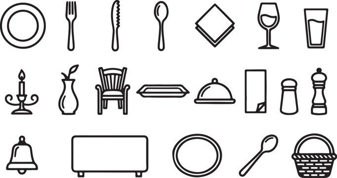 Detailed outline icon set for restaurant supply and dining table setup kitchen hardware.