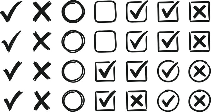 Checkmarks and crosses represent a collection of hand-drawn verification symbols for forms and lists.