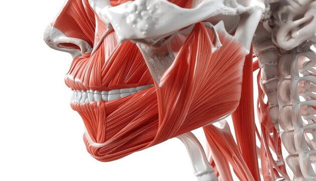 Hyper-realistic close-up of human zygomaticus major muscle and facial anatomy in 3D medical illustration