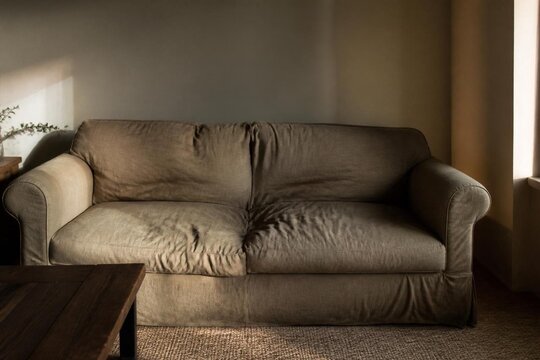 An old sofa with a deep indentation in soft fabric, warm side lighting.
