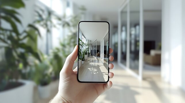 Hand holding smartphone with augmented reality view of modern interior