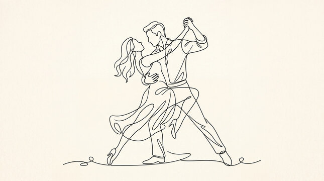 Couple Dancing: A man and woman in a passionate embrace, depicted in a minimalist single-line drawing, gracefully dance together, their bodies fluidly expressing movement and connection.