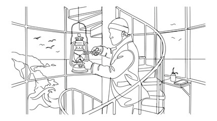 Nautical lighthouse keeper, a man in a beanie and jacket maintaining a classic oil lamp, black and white line art vector illustration for maritime themes, travel, and adventure. © Joe