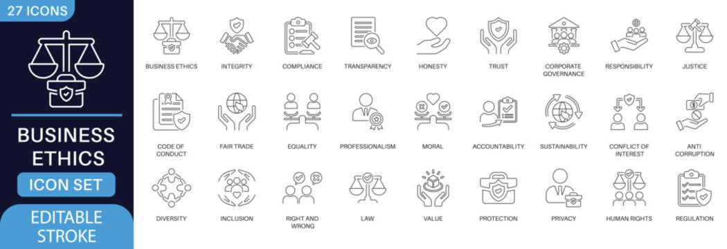 Business ethics line icon set. featuring integrity, corporate governance, compliance, justice, trust and social responsibility in editable stroke line art.