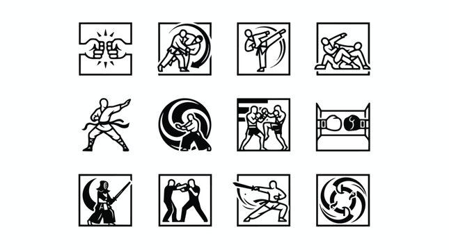 Set of twelve black and white martial arts icons and combat sports symbols.