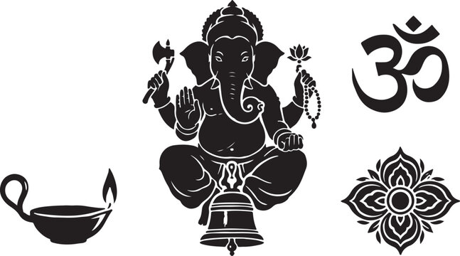 Lord ganesha silhouette with om symbol and traditional oil lamp vector.