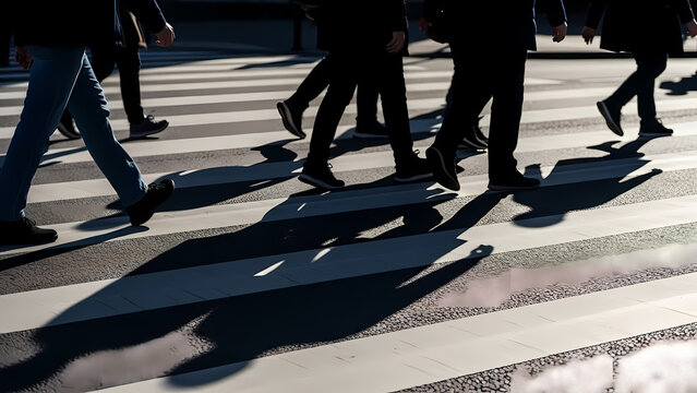 People Crossing Zebra Street with Long Shadows - Urban Commute Concept