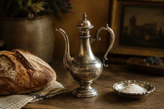 An antique silver oil cruet beside bread and salt on a wooden table.
