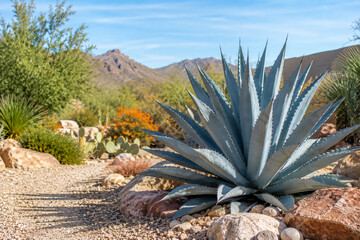 Naklejka premium A large agave plant dominates a desert garden with rocky terrain, surrounded by cacti, shrubs, and distant mountains under a clear blue sky.