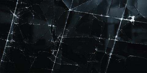 Dark Reflective Crack Pattern Background. Layered shattered glass fractures spreading across a glossy black industrial surface with striking metallic depth. Premium abstract texture for cybersecurity, © Nipa
