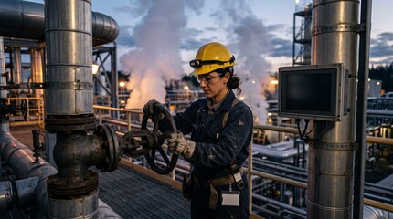 Fototapeta premium Female engineer adjusting a large industrial valve at a refinery