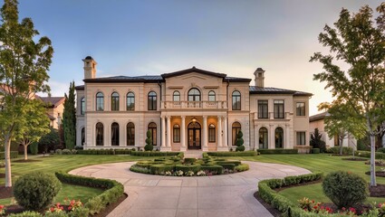 Fototapeta premium Luxury Neoclassical Mansion with Elegant Landscaped Gardens and Grand Estate Architecture