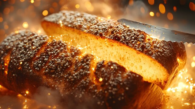 A close-up shot of a freshly baked loaf of bread with a golden crust and visible seeds being sliced by a knife under warm glowing lights creating an inviting, appetizing atmosphere.