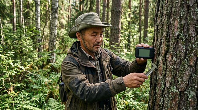 Male ecologist measuring tree bark with digital device in forest
