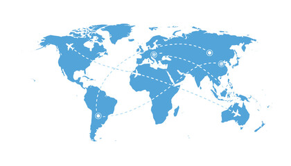Fototapeta premium Blue world map depicting global flight routes, airplane travel connections, and international logistics and shipping paths.