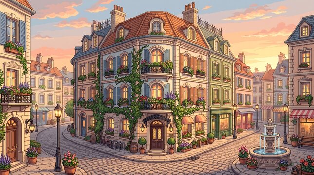 Charming european corner building with blooming flower boxes and a stone fountain at golden hour light