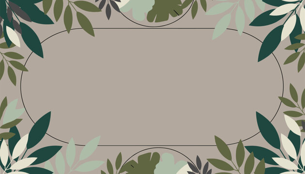Horizontal presentation border surrounded by modern abstract green and grey leaves, creating an elegant nature frame design.