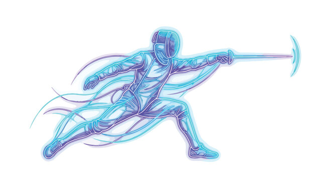 Stylized artistic illustration of a competitive fencer in action.