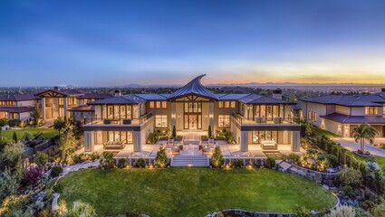 Naklejka premium Luxury Neoclassical Mansion with Elegant Landscaped Gardens and Grand Estate Architecture