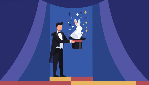 Magician performing on a theater stage pulling a fluffy white rabbit out of a black top hat under spotlight.