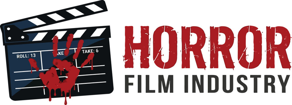Horror Film Industry Clapperboard Vector Illustration with Bloody Handprint, Scary Movie Production Slate for Cinema Projects, Slasher Film Branding, and Spooky Halloween Graphics.
