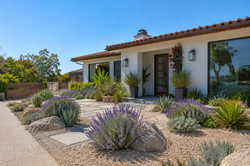 Fototapeta premium A modern single-story house with a desert-style landscaped front yard featuring rocks, lavender bushes, and potted plants under a clear blue sky.