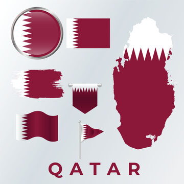Qatar flag elements, including map outline and various flag styles