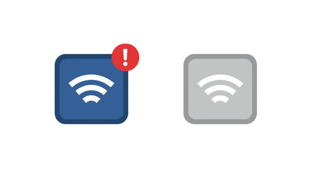 Blue active Wi-Fi signal icon with a red exclamation alert bubble next to a gray inactive offline wireless icon.