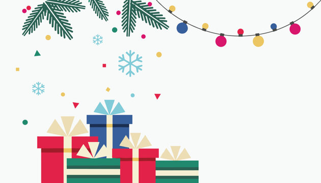 Stack of colorful wrapped Christmas gift boxes underneath pine branches and string lights with gentle falling snowflakes.