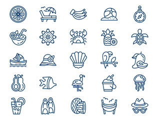 Exotic tropical vacation outline collection presents detailed beach travel nature elements. Summer holiday concept © azman