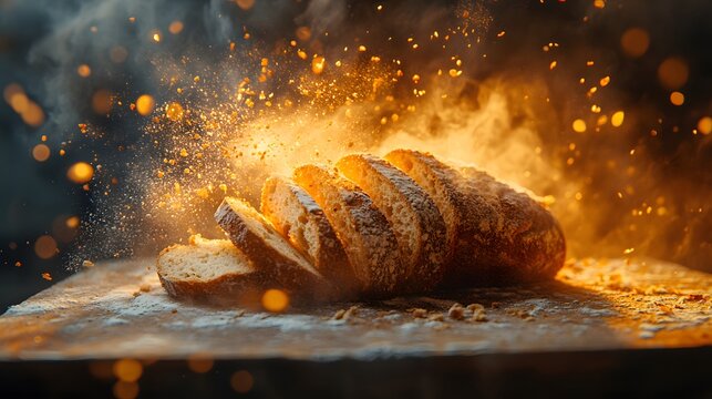 A golden loaf of bread being sliced with flour dust flying in warm cinematic light highlighting the texture and aroma of freshly baked artisan bread for a taste test moment - artistic.