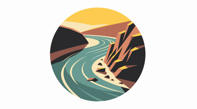 Winding river flowing through rugged canyon landscape at sunset.