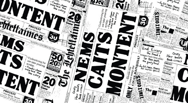 Fictional vintage newspaper print with meaningless letters and photos. Black and white printed newspaper background texture retro style.