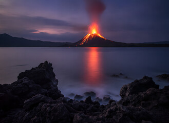 Fototapeta premium Anak Krakatau Volcano Erupting at Dusk with Orange Lava Fountains Reflecting on Sunda Strait Waters