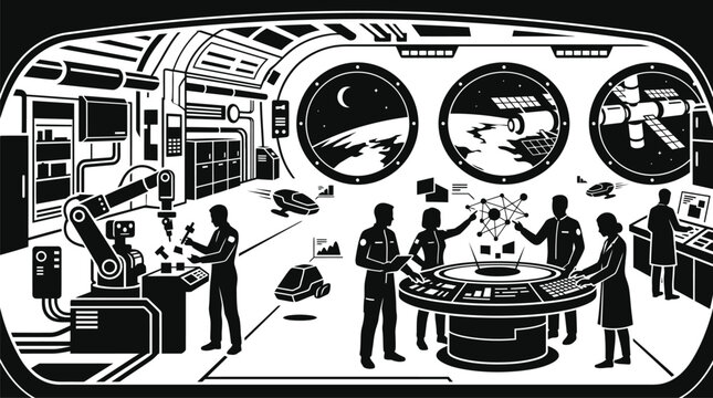Monochrome illustration of scientists and robots working in a futuristic space station control room
