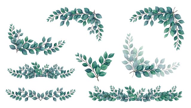 Elegant green botanical leaf borders and corner elements for design and decoration