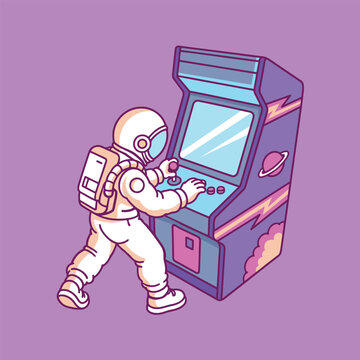 Cute Astronaut Playing Retro Arcade Machine Cartoon Vector Illustration