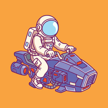 Cute Astronaut Riding Futuristic Space Bike Cartoon Vector Illustration