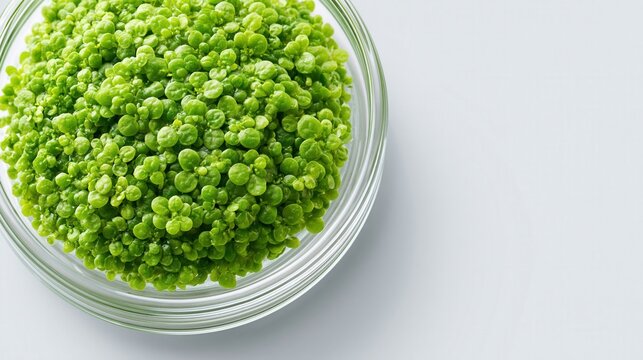 Fresh green wolffia globosa in a glass bowl on white background.