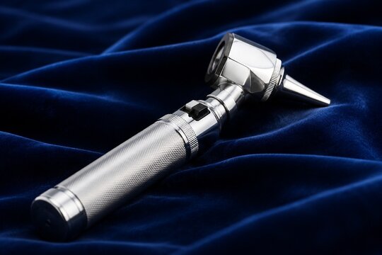 A polished silver otoscope resting on deep blue velvet, its speculum reflecting light.