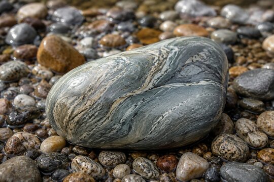 Smooth soapstone rock with water-like veining on a pebble riverbed.
