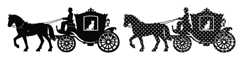 Elegant vintage horse-drawn carriage vector silhouette, classic royal transport illustration, black and white antique coach design for luxury branding and historical themes © Carter