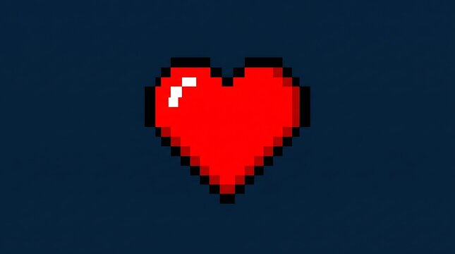 A classic, high-contrast red pixel art heart icon set against a dark blue background, reminiscent of retro 8-bit video game graphics and vintage gaming culture