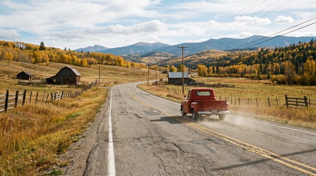 Classic vintage red pickup truck driving down a scenic country road in autumn with rustic barns, golden fall foliage, and mountains in the background